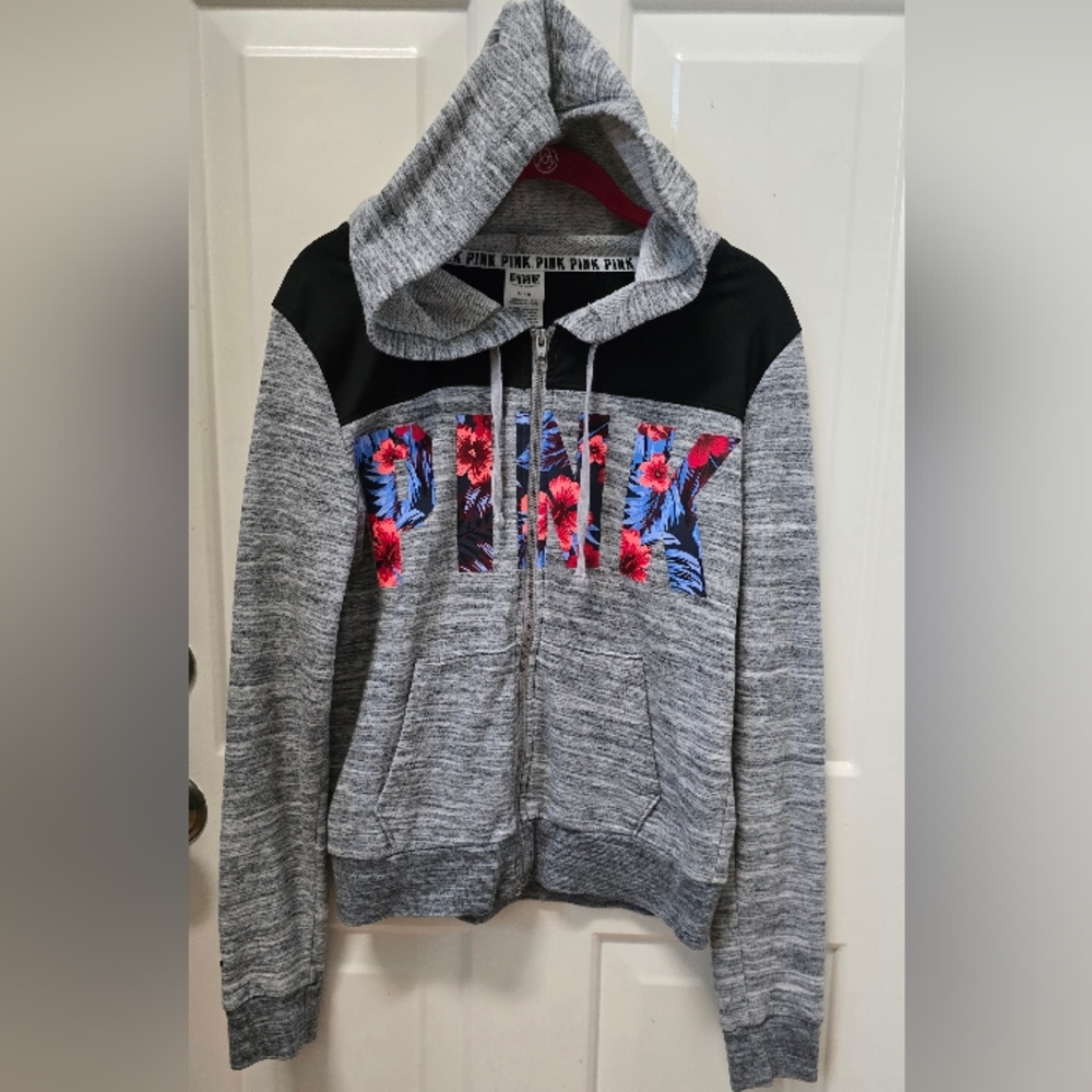 Victoria Secret PINK Gray and Black Women's Sweater Hoodie-size M